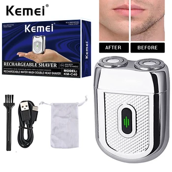Kemei KM-C40 Электрическая водонепроницаемая бритва для мужчин, перезаряжаемая через USB, портативная роторная бритва с двумя головками, Мини-карманная бритва  5