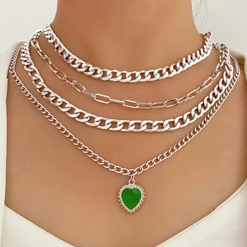 IPARAM Панк Серебристого цвета, многослойное ожерелье-цепочка для женщин, мужчин, Зеленый Кулон в виде сердца, Кубинские цепочки, Ожерелье, Модные ювелирные изделия, подарок  2